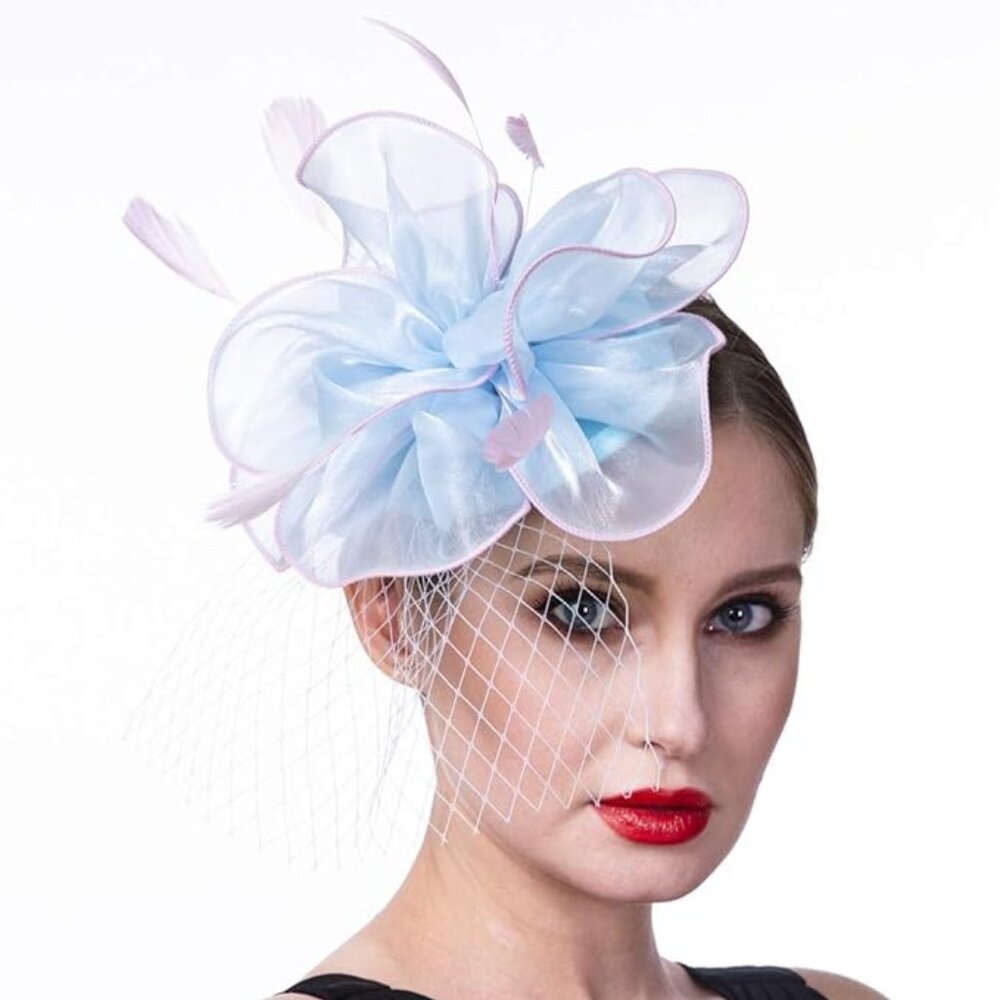 Fascinator Hat Vintage Style Baby Blue Pink Feathers Veil NEW